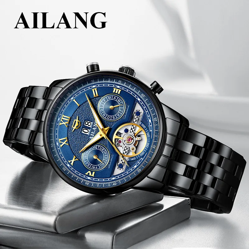 AILANG Luxury Mens Watches Top Brand Stainless Steel Tourbillon Watch Weekly Calendar Display Men's Luminous Wristwatches 8823