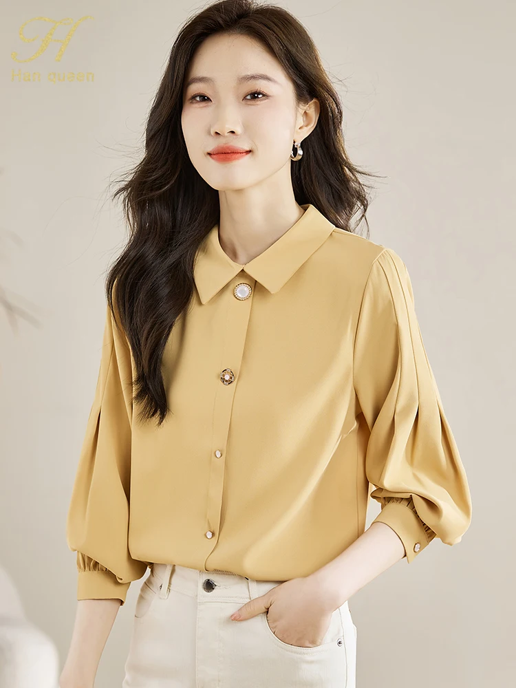 H Han Queen Элегантные блузки для женщин Простой корейский топ Повседневная блузка
