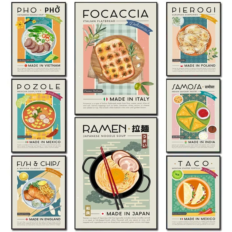 Винтажная традиционная еда японский рамэн итальянская Focaccia испанская паэлла