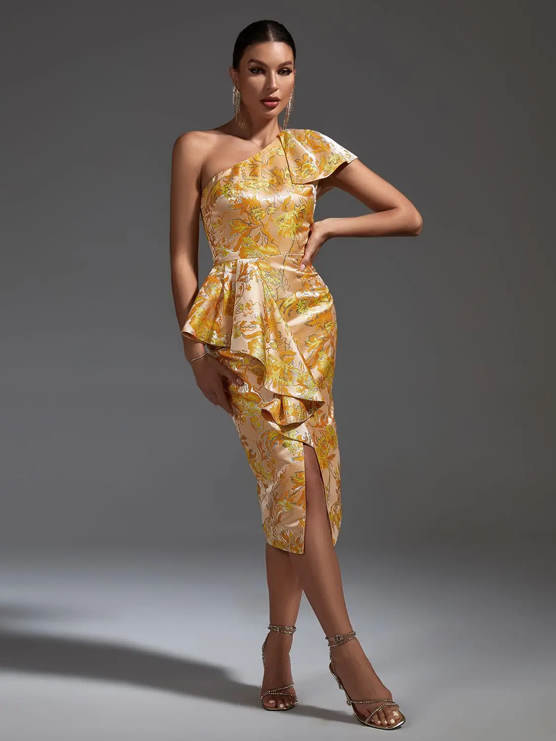 

Jacquard Luxury Party Dress Women Elegant Bodycon Dress Yellow Ruffle One Shoulder Midi Sexy Evening Birthday Club Outfit Summer