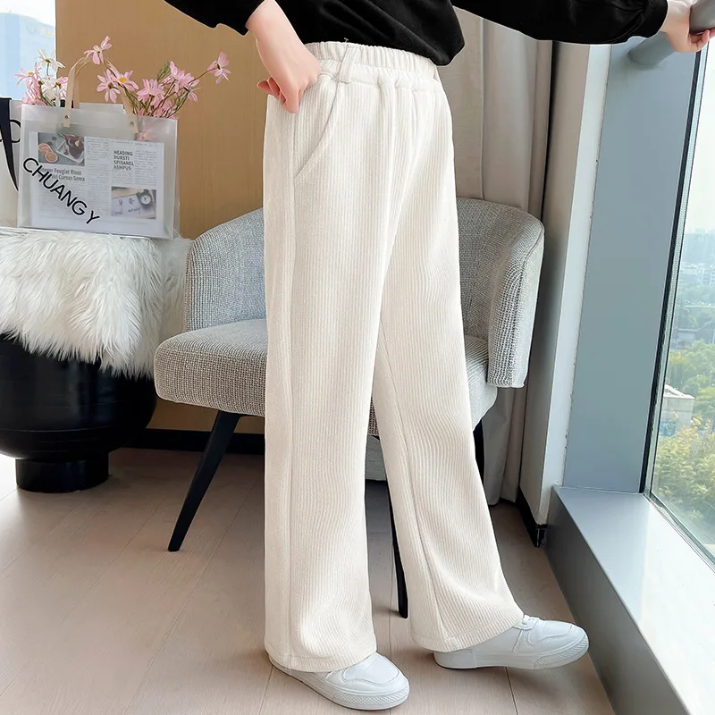 

Girls' Chenille Wide-Leg Pants Spring and Summer Children's Loose Pockets Slim Straight Tube Drape Fashion White Casual Pants