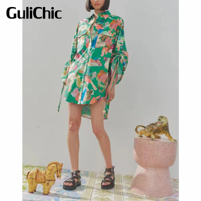 

8,2 GuliChic женское винтажное модное зеленое однобортное праздничное платье-рубашка с принтом и кулиской