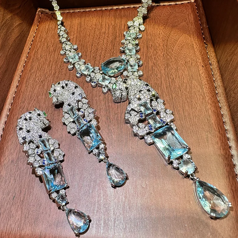 

LJDZSW 2023 NEW IN Retro Black Spot Leopard Blue Diamond Necklace Earrings Luxurious Jewelry Cocktail Party Dress Accessory