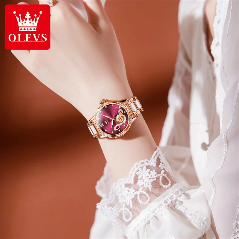 OLEVS Luxury Ceramic Mechanical Watch Women Fashion Wine Red Dial Automatic Skeleton Watches Waterproof Elegant Women Wristwatch enlarge