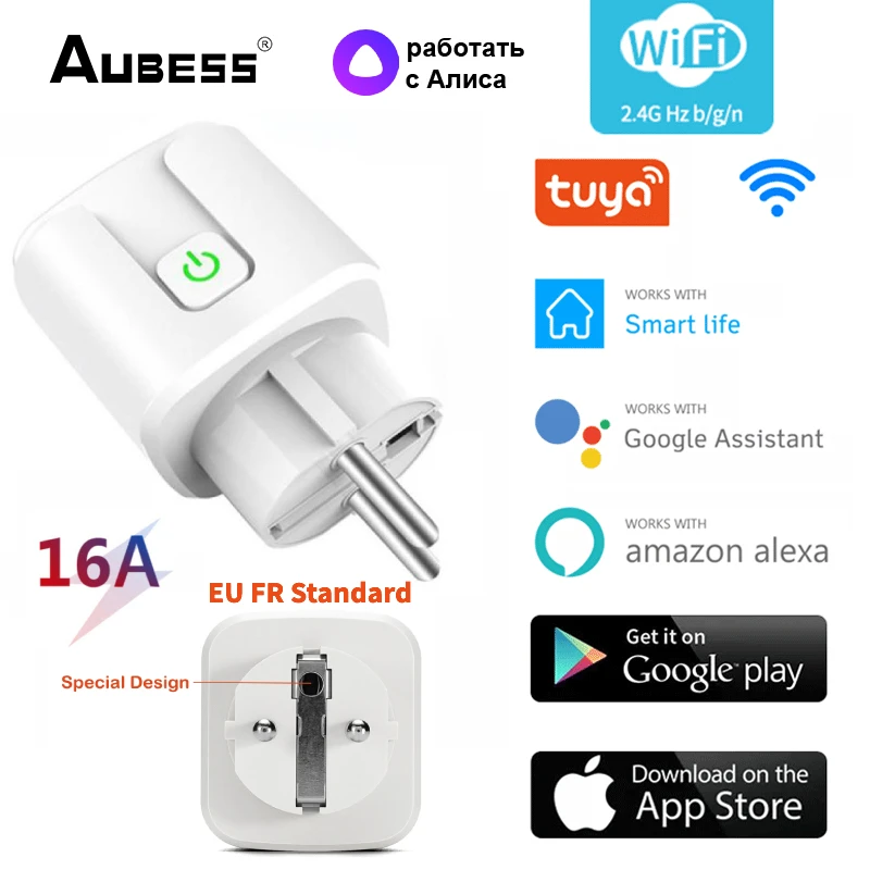 

16A Wifi Tuya EU FR Smart Plug Socket Outlet Power Monitor Timer Smart Home With Smart Life App Alexa Google Home Yandex Alice