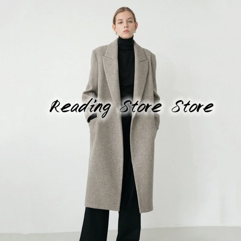 Women's Suit Jacket With Lapel Collar New Solid Color Single-breasted Autumn And Winter Long Casual Woolen Cloth Business Coat