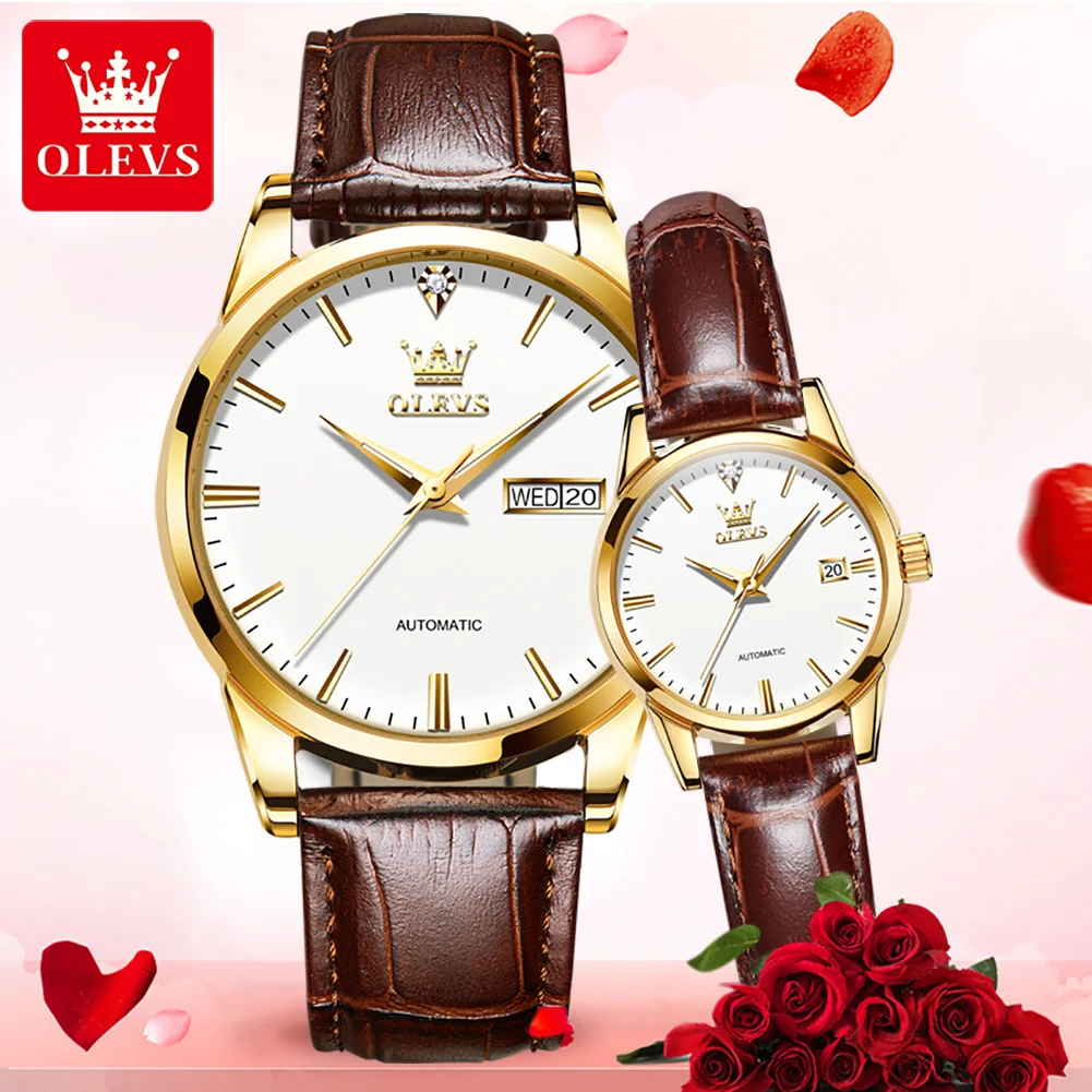 OLEVS Classic Self-wind Mechanical Watch for Couples Waterproof Automatic Watch Sets for Her and Him Luxury Lovers Watches 6629