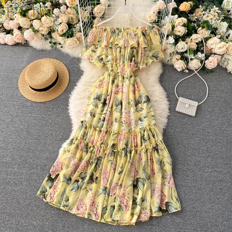 

Floral Chiffon Midi Dress Women Sexy Slash Neck Ruffle Short Sleeve A-line Printed Vacation Beach Vestidos Robe 2021