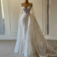 african sparkly sequin wedding dresses for womem 2022 bride luxury mermaid beads long sleeves with detachable train bridal gowns