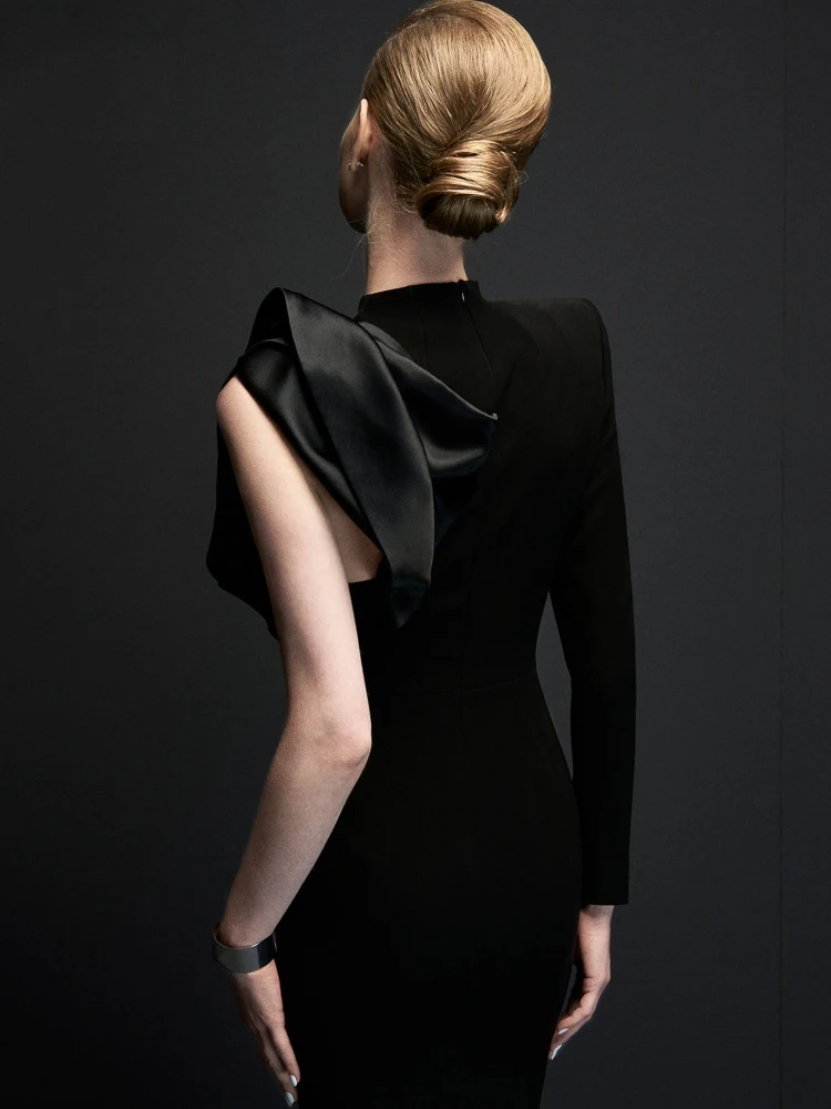 DEAT женское модное вечернее платье с воротником-стойкой и асимметричными