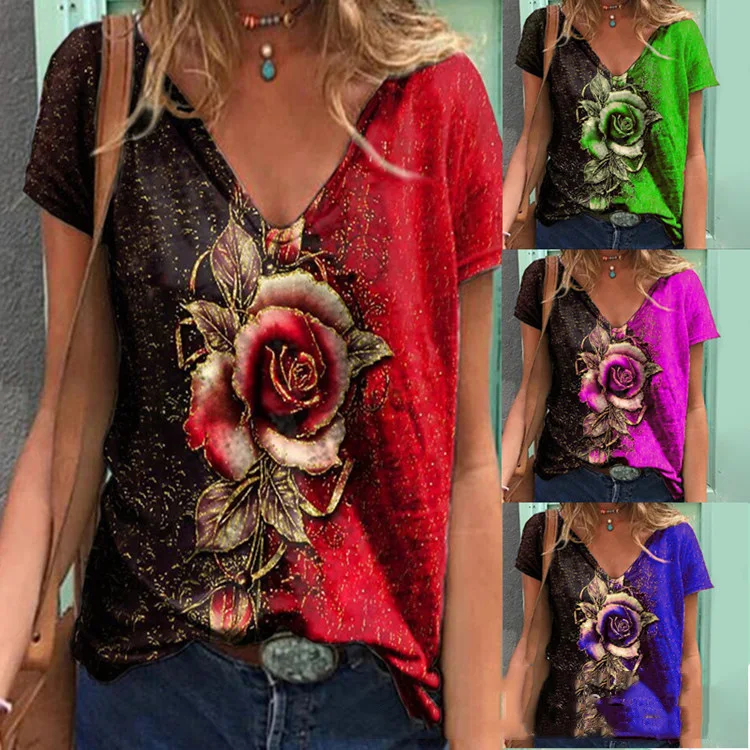 

Women's 2023 Summer Short Sleeve Undercoat Rose Print T-shirt