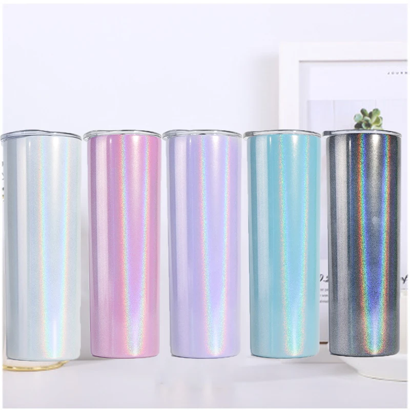

Wholesale 20oz Sublimatioin Glitter Skinny Tumbler With Lid Straw Rainbow Wine Mugs Double Wall Vacuum Insulated Stainless Steel