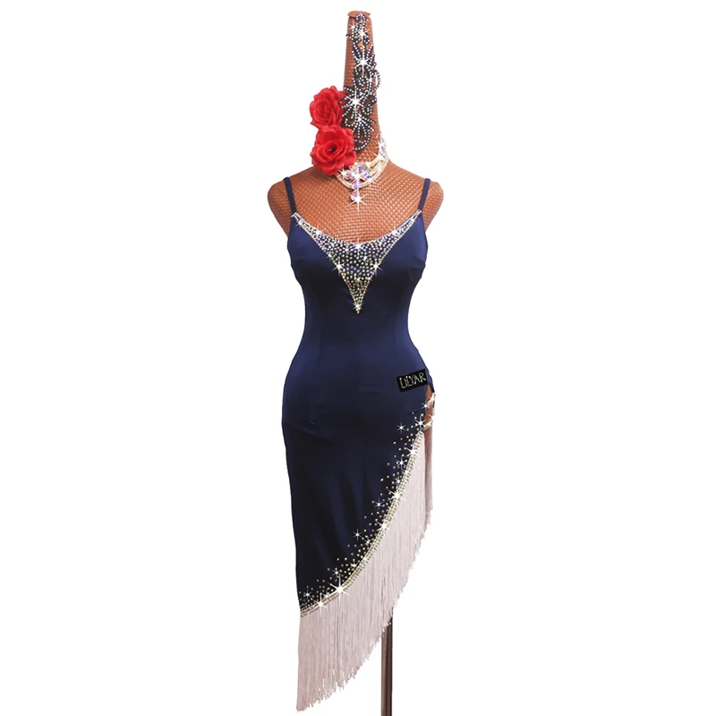 Фото New Professional Latin Dance Dress Performance Competition Dress for Adults Children Blue Ocean Tassels Side Split Dance №1