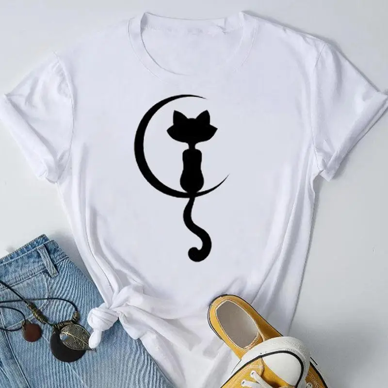 

Tee Women Lady Cat Animal Style Trend Cute Casual Short Sleeve Top Clothes Fashion Spring Summer Tshirt Female Graphic T-Shirt