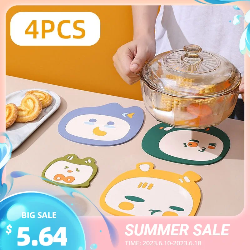 

4PCS Set Cartoon Silicone Placemat Dining Table Insulation Mat Waterproof Cute Plate Bowl Pot Pad Non-slip Coaster Table Mat