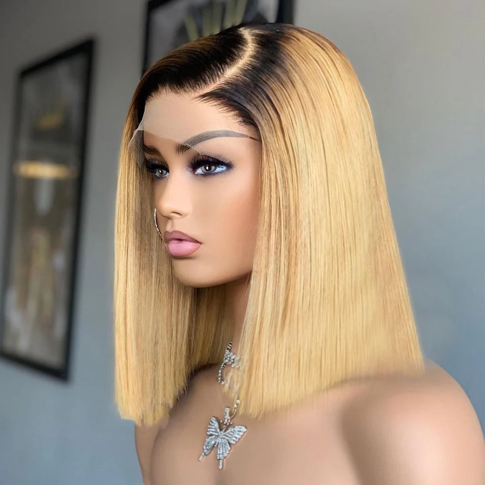 Pre Plucked 1B27 Straight Short Bob Human Hair Wig Ombre Blonde 13x4 HD Lace Front Wig For Women Baby Hair Glueless