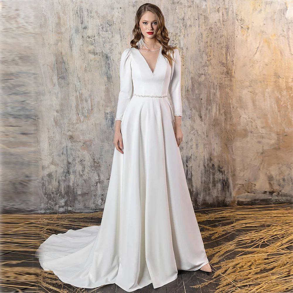 

Elegant Vintage Wedding Dresses V-Neck Three Quarter Sleeve Satin Dress A-Line Sweep Train Lace Up Open Back Bridal Gown Vestido