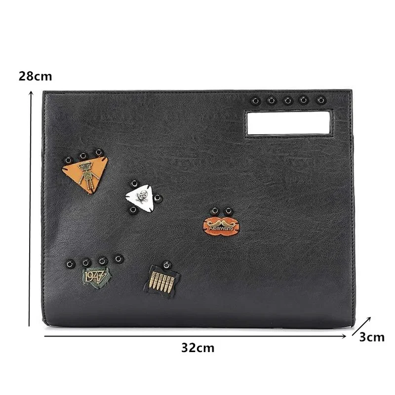 New Fashion Men Clutches Luxury Leather Handbags Wallet Clutches Male Large Clutch with Shoulder Strap Rivet Badge Hand Bags