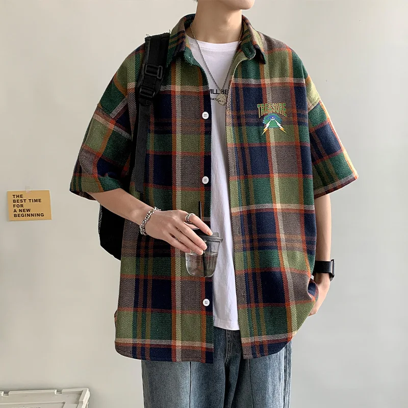 

Новинка лета 2023, клетчатая рубашка в японском стиле с коротким рукавом, Свободный Повседневный Топ с принтом, Молодежный модный трендовый кардиган, пальто