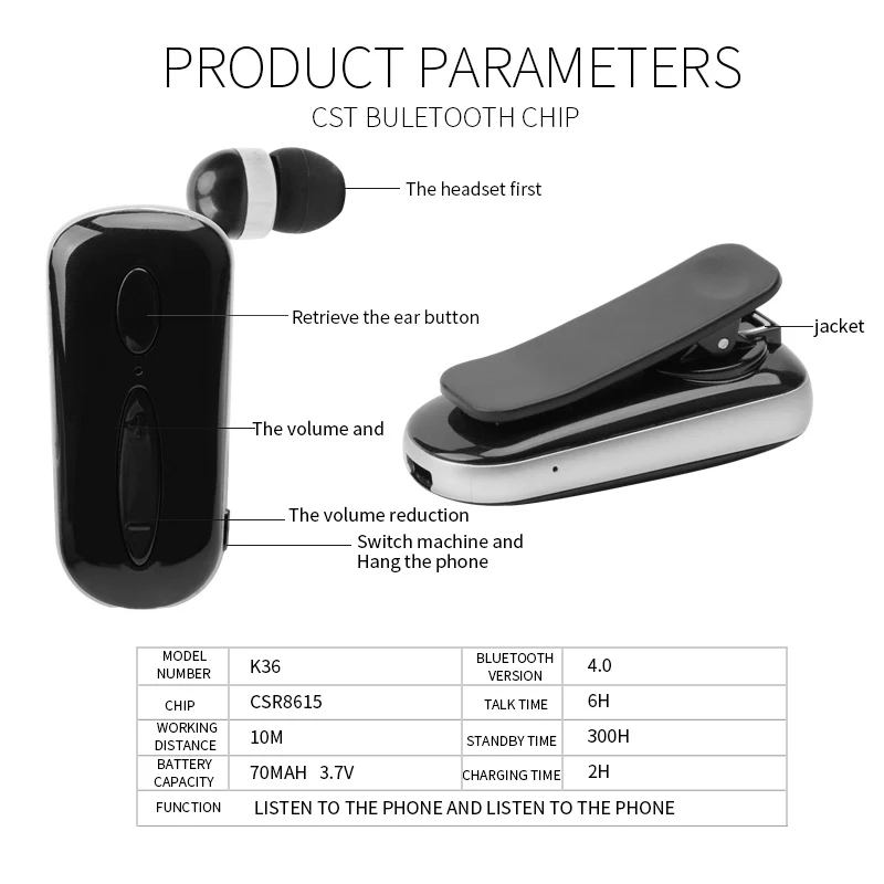 Фото Bluetooth-наушники K36, беспроводная гарнитура, звонки, напоминание, вибрация №3