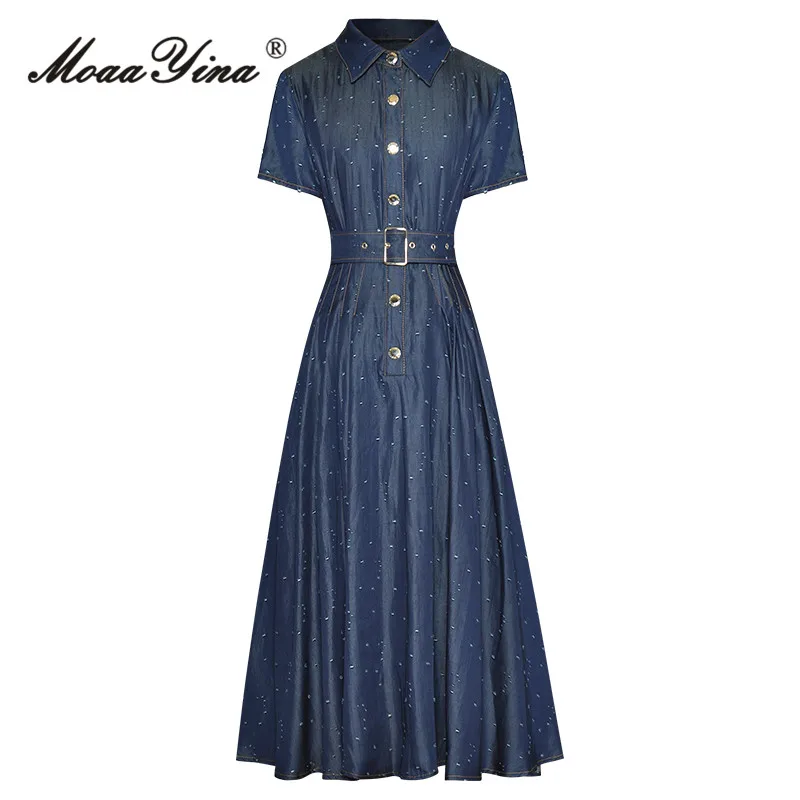 

MoaaYina Summer Fashion Designer Women Midi Dress Vintage Solid Color Turn-down Collar Single Breasted Sashes Hole Cowboy Dress