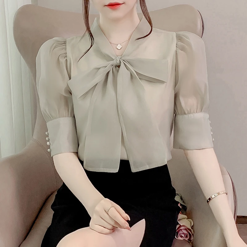 

Shirt Women Summer 2023 New Solid French Blouses Bow Slim Fit Fashion Bubble Short Sleeve Vintage Top V-neck YCMYUNYAN