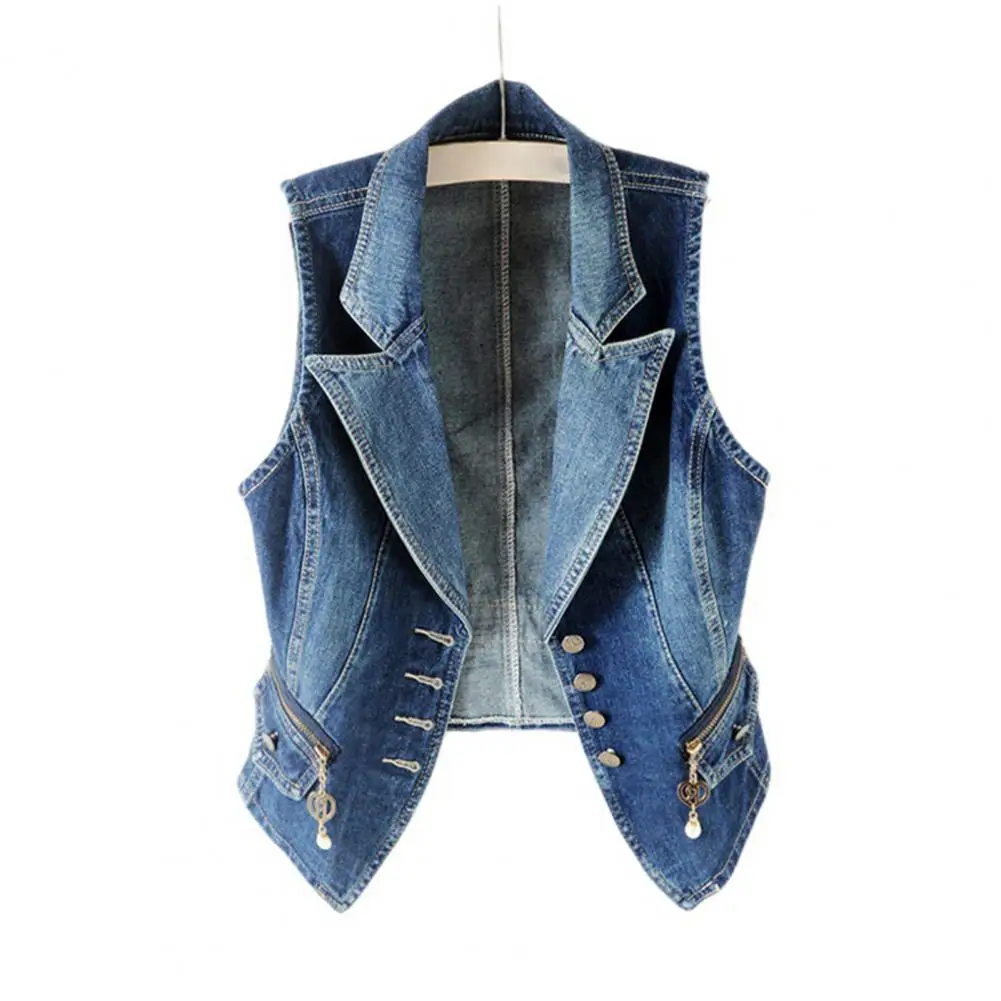 

M - 4XL Women Denim Waistcoat Blazer Lapel Single-breasted Solid Color Loose Zipper Flap Pockets Short Jeans Vest Coat Jacket