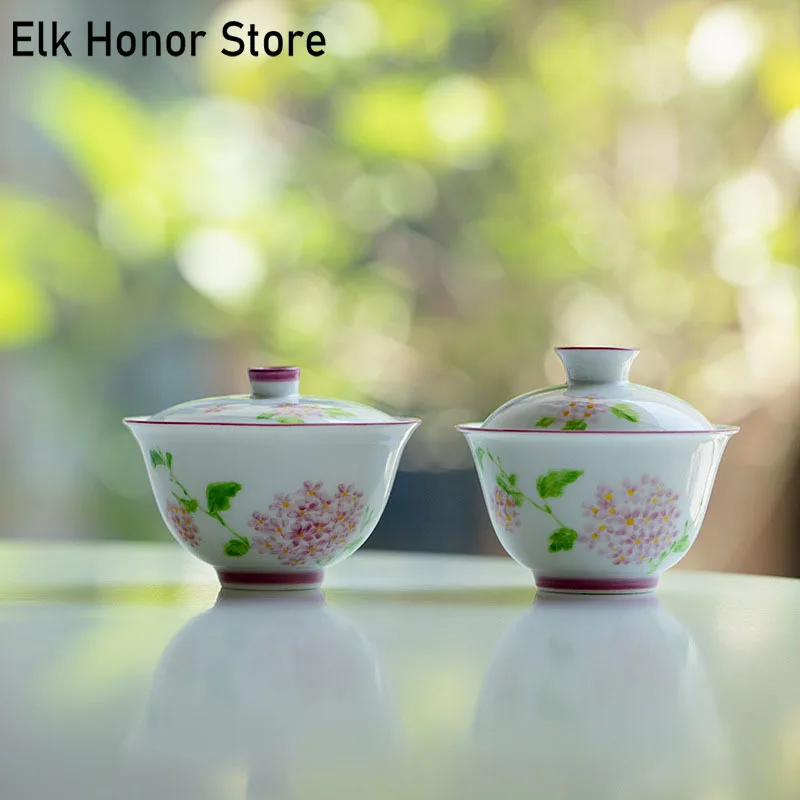 

Boutique Hand-painted Lilac Ceramic Tea Tureen Purple Hydrangea Cover Bowl Chinese Tea Maker Not Hot Gaiwan Kung Fu Tea Set Gift