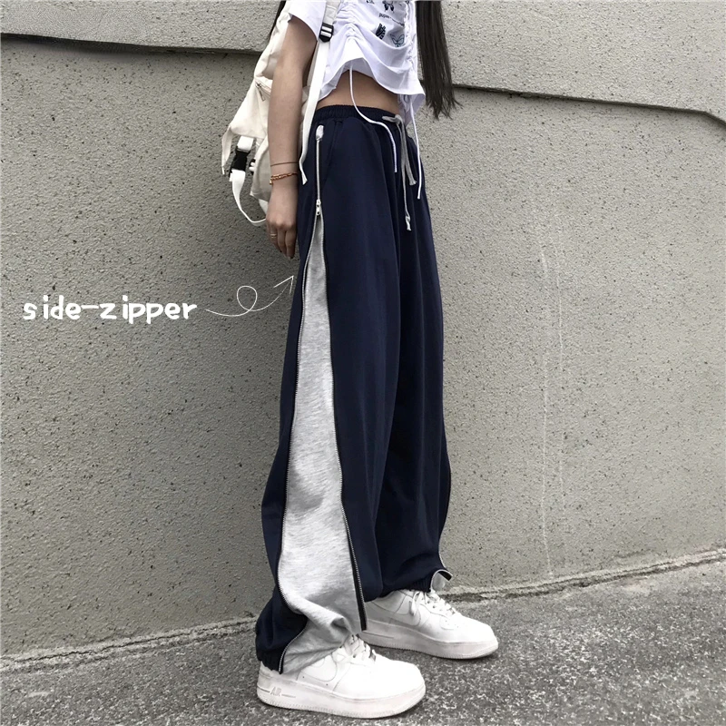 

Women Casual Pants Spring Side-zipper Straight Trousers Baggy Harajuku Unisex Fashion Female Drawstring Elastic Waist BF Retro