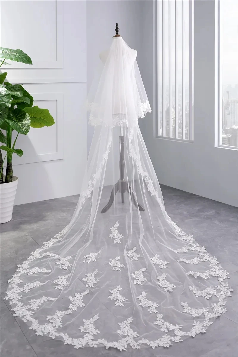

White/Ivory Two Layers 4M Wedding Veil With Comb Lace Mantilla Cathedral Bridal Veils Wedding Accessories Veu De Noiva