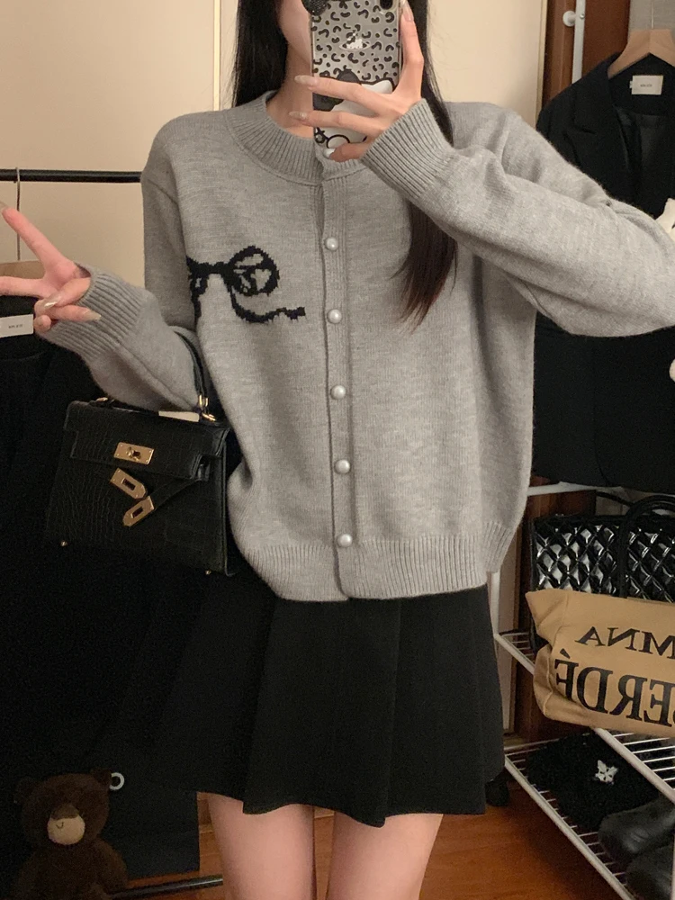 Gaganight Женский жаккардовый мягкий вязаный кардиган с бантом и лентами осень 2024