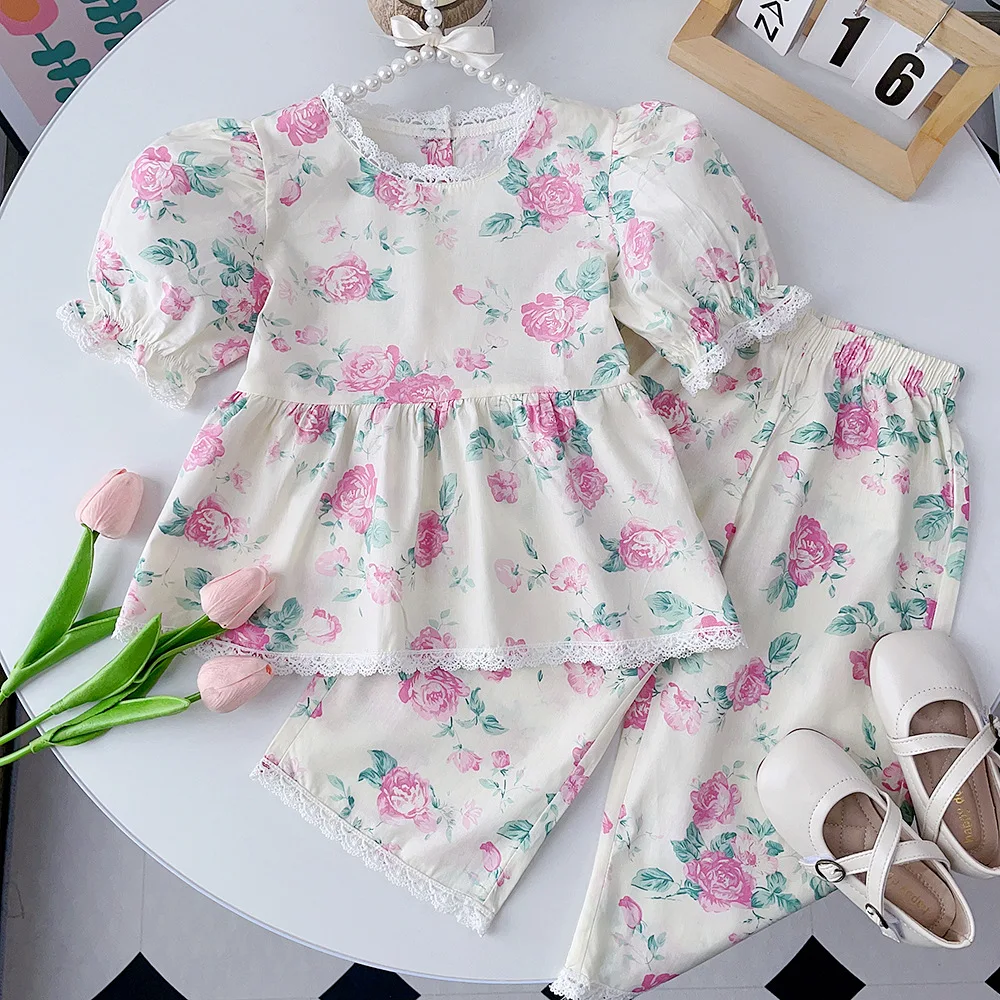 

6764 Children Clothing Set 2023 Summer New Floral Bubble Sleeve Girl's Suit Shirt+Wide-leg Pants Korean Sweet Two Piece Suit