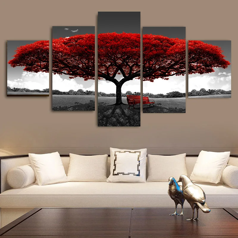 

5 Panels Canvas Painting Landscape Gray Sky Red Tree Bench Posters and Prints Wall Art Pictures Living Room Decoration