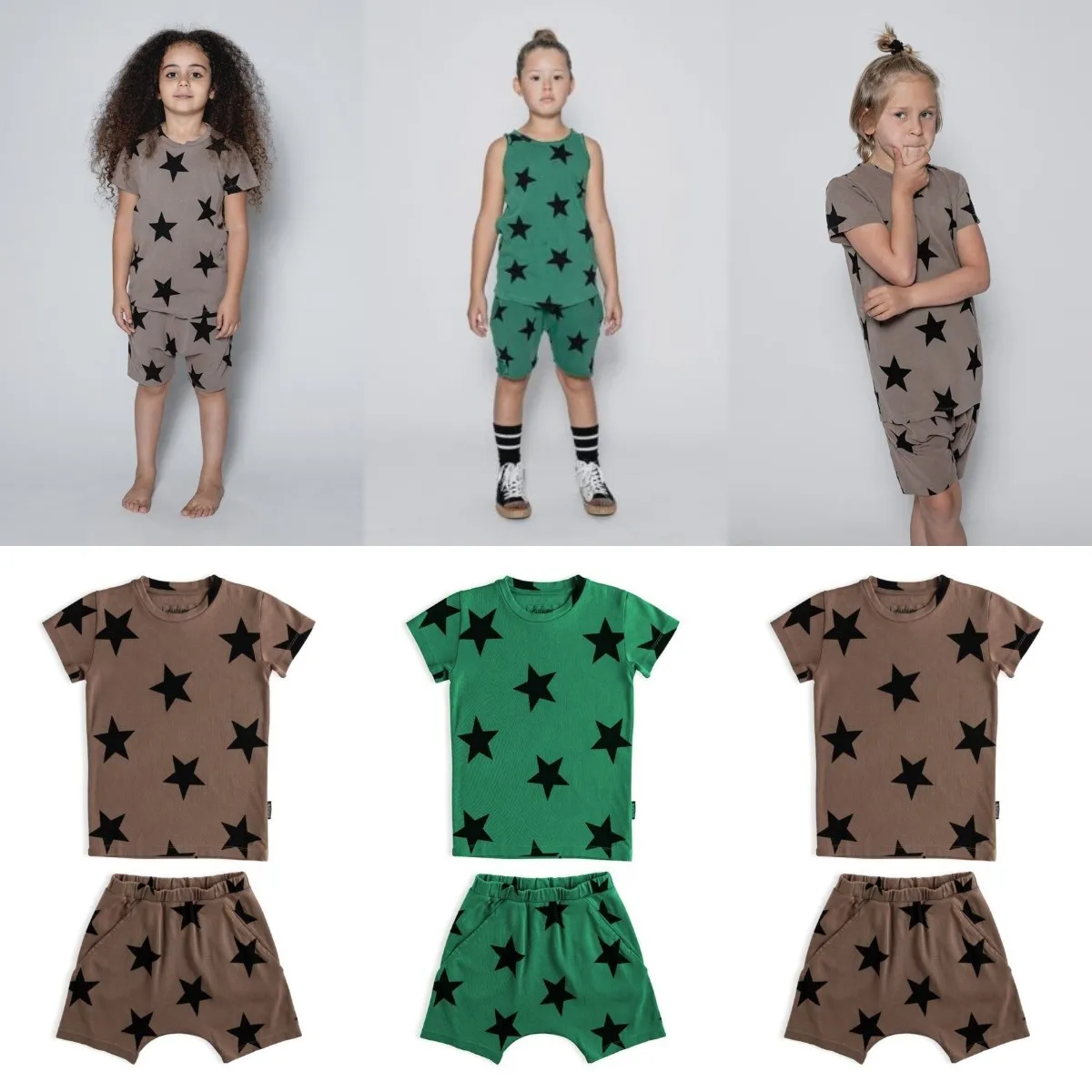 

2022 short-sleeved star pajamas children's thin T-shirt shorts cotton home air conditioning clothing boys and girls - spot