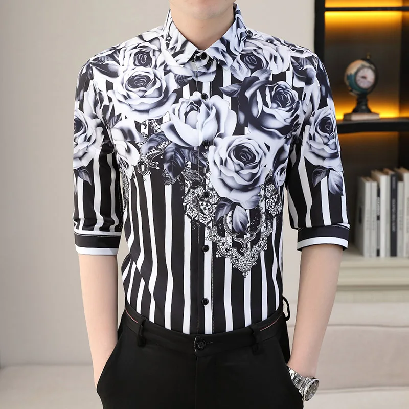 

Luxury Rose Shirt Men Business Wedding Dance Party Dress Shirts Men's Slim Fit Tops Asian Size XXXL - S