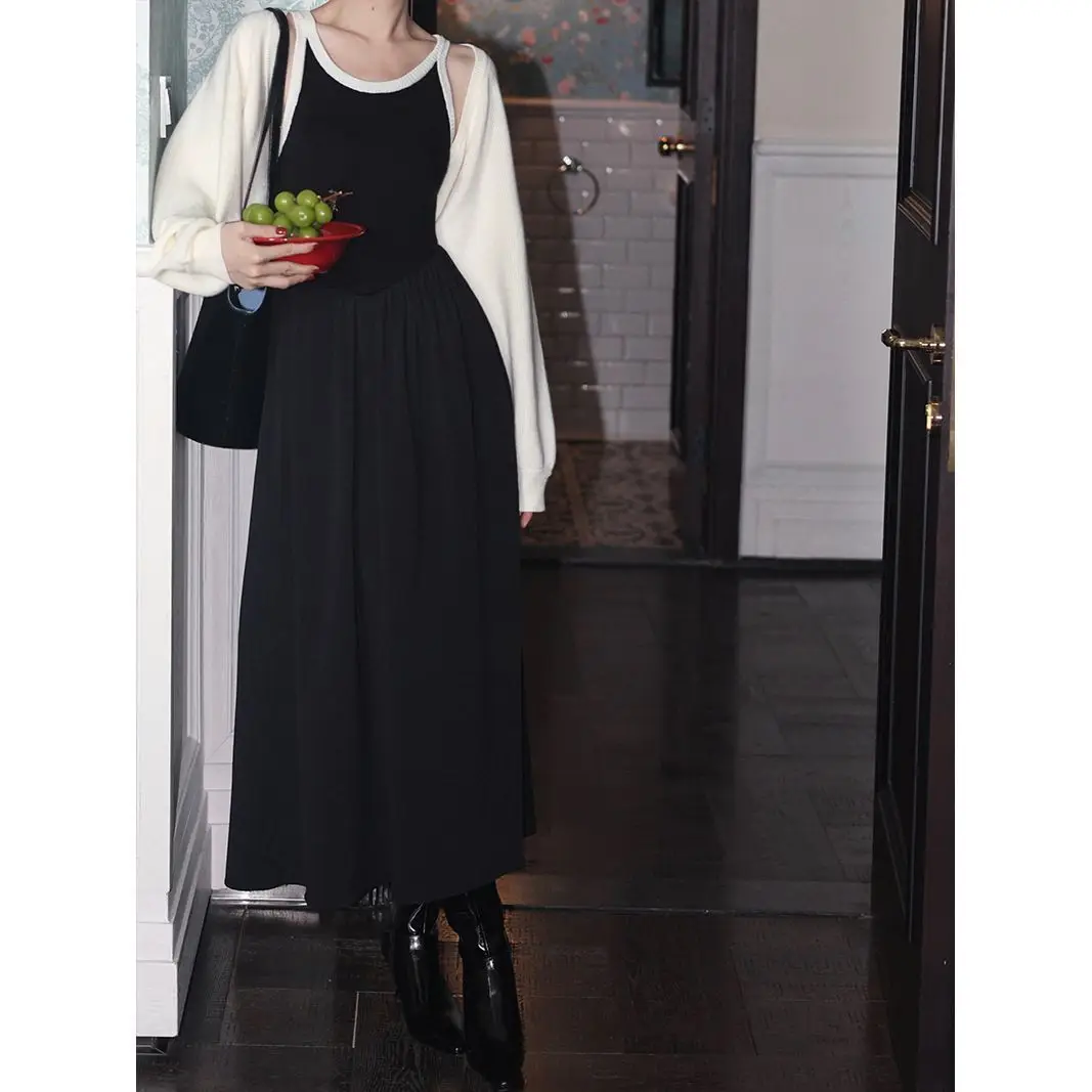 

Женское трикотажное платье STSVZORR, контрастное черно-белое облегающее платье в стиле ретро, Солнцезащитный вязаный кардиган, комплект из 2 предметов, весна-осень Y2K