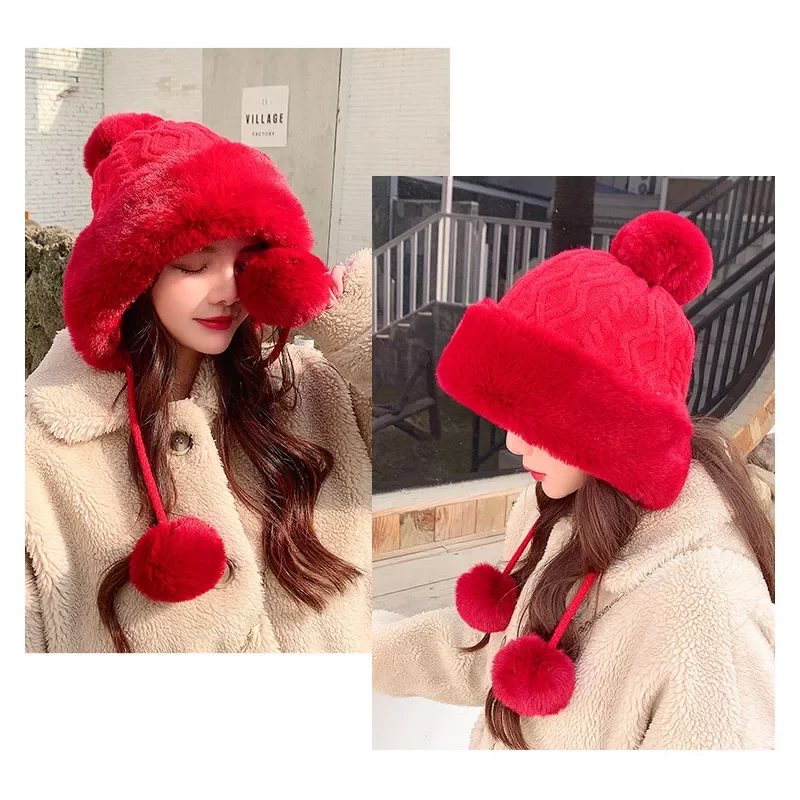 

Thick Fluffy Hat Elegant Girls Ski Snow Cap Fashion Pompoms Women Beanie Hats Female Skullies Warm Knit Hat Christmas Cap