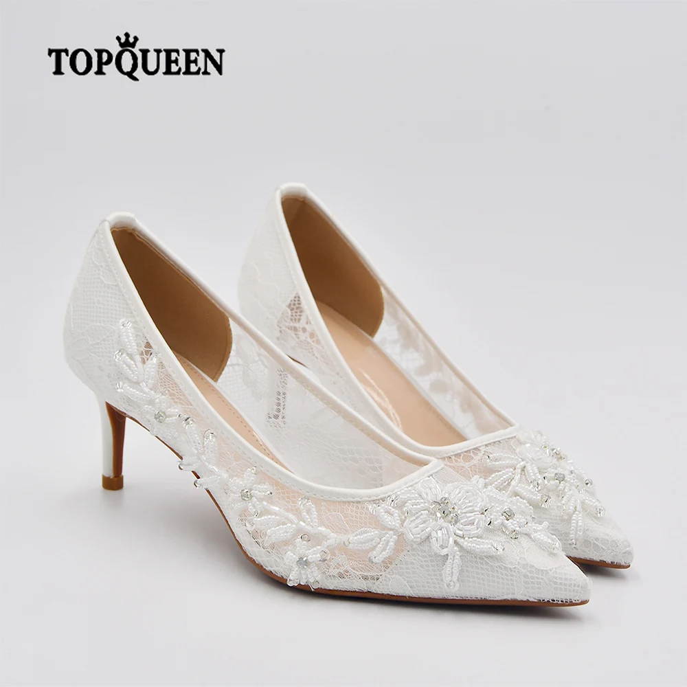 TOPQUEEN Wedding Shoes Bride Woman Shoes New Arrivals 2022 White Lace Bead Elegant Wedding Heels Ladies Wedding Shoes A04