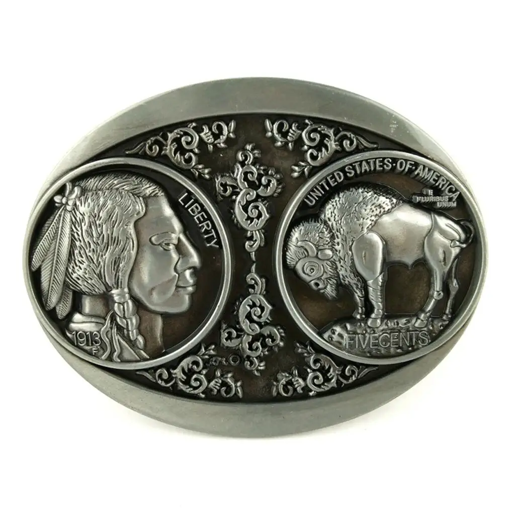 

Rodeo Buffalo Indian Belt Buckle 3D Coin Western Cowboy Liberty Retro Silver