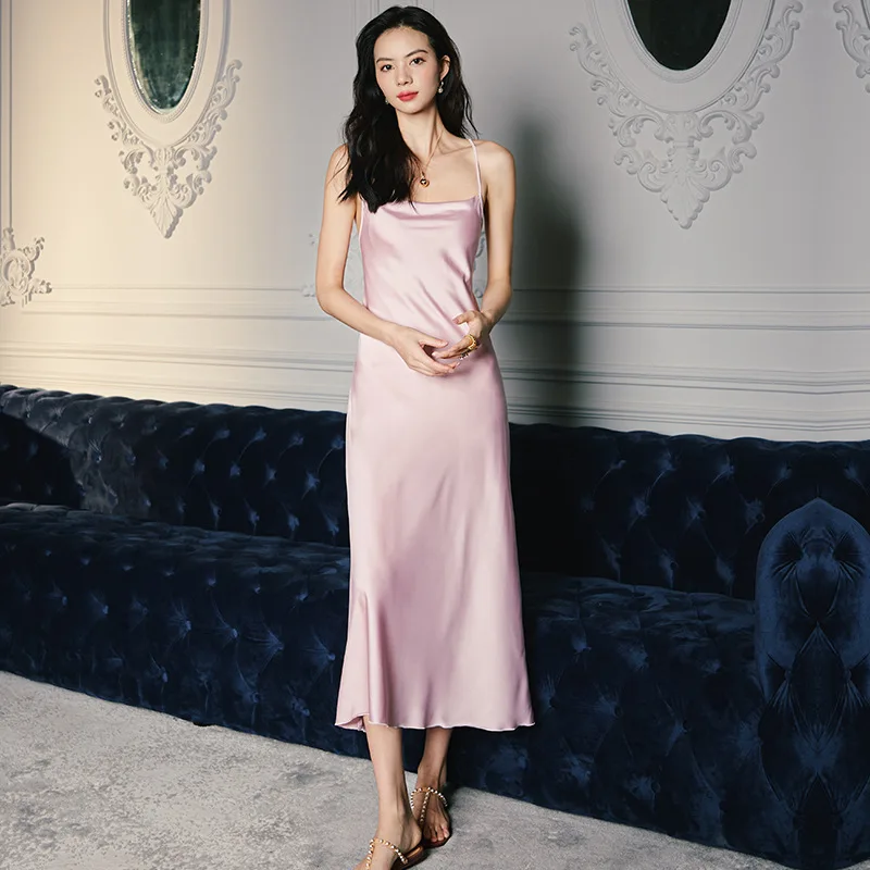 Roseheart Women Fashion Pink Sexy Long Nightdress Faux Silk Nightwear Sleepshirt Nightgown Sleepwear Spaghetti Strap Backless