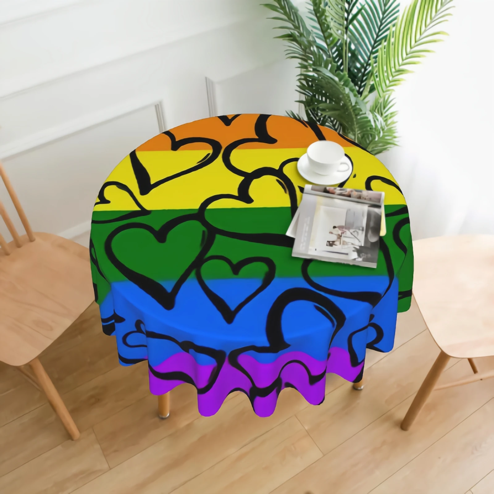 

Чехол для круглого стола с радужными цветными сердцами, покрытие для стола из полиэстера против морщин с узором в виде сердца, проволочное в...