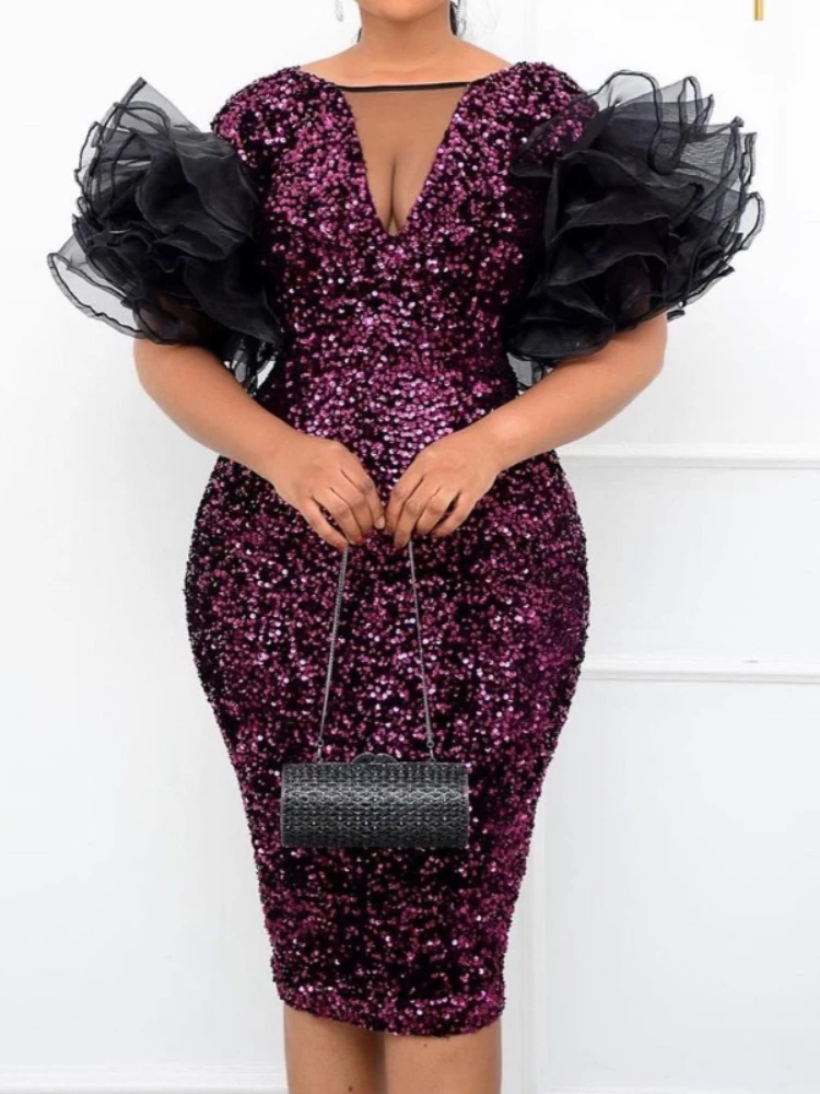 

Женские облегающие платья с блестками из блестящего бархата, Сетчатое платье с V-образным вырезом и рукавами-бабочками, вечернее платье для ...