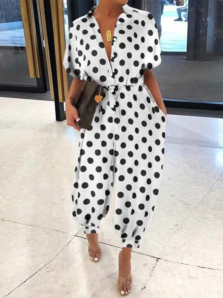 

Celmia 2022 Summer Polka Dot Short Sleeve Jumpsuits Women Fashion Celebrities Street Rompers Casual Loose Harem Pant Overalls