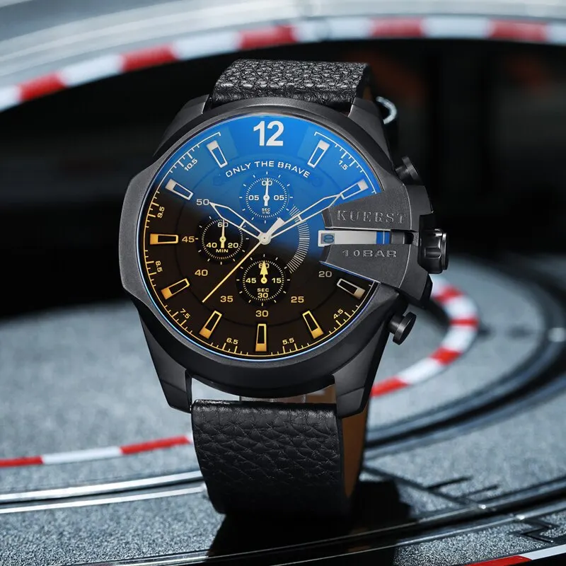 KUERST Большие цифровые кварцевые наручные часы из нержавеющей стали с кожаным
