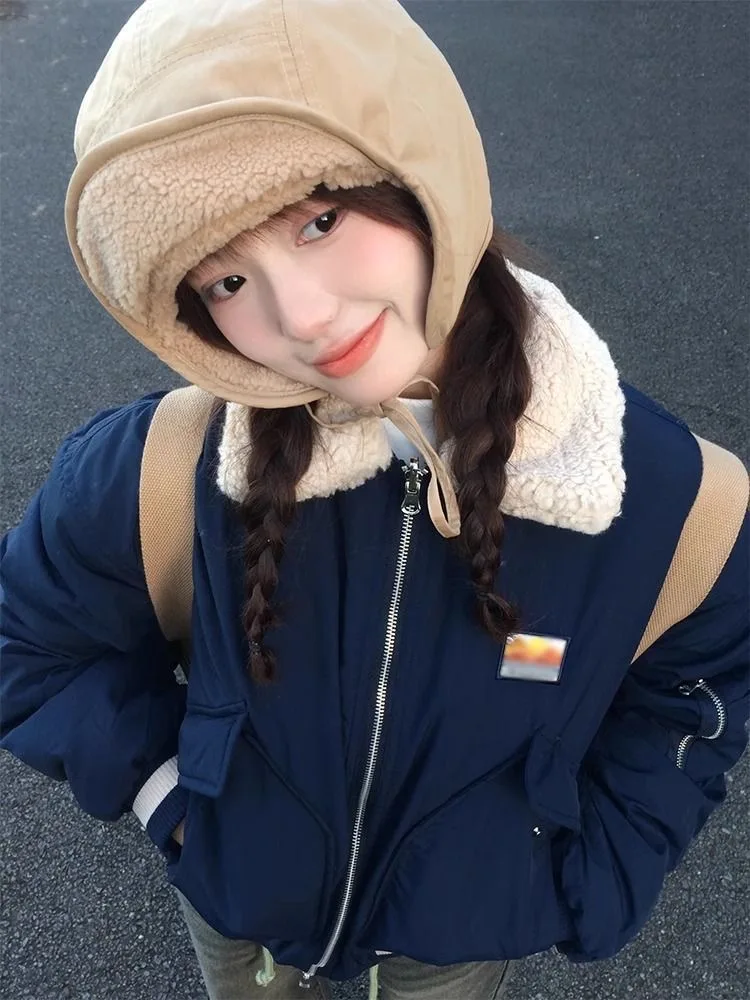 Японская мода Ретро Верхняя одежда с меховым воротником ягненка Женская зимняя