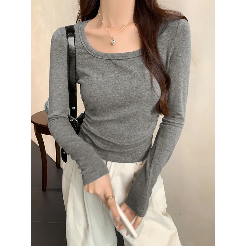 Женская приталенная футболка с квадратным вырезом длинным рукавом и