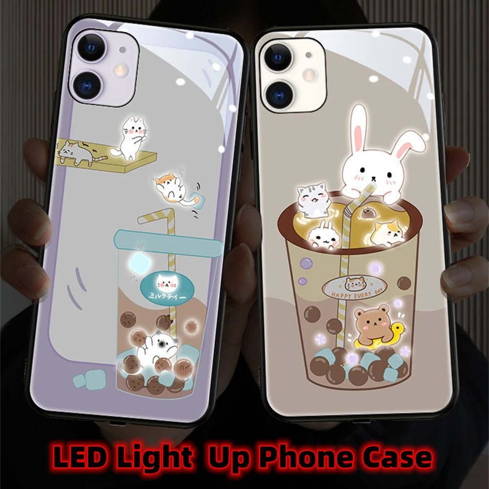 Чехол для телефона из закаленного стекла Milk Tea Cat Rabbit Smart LED Light Glow Samsung S24 S23 S22 S21 S20 FE