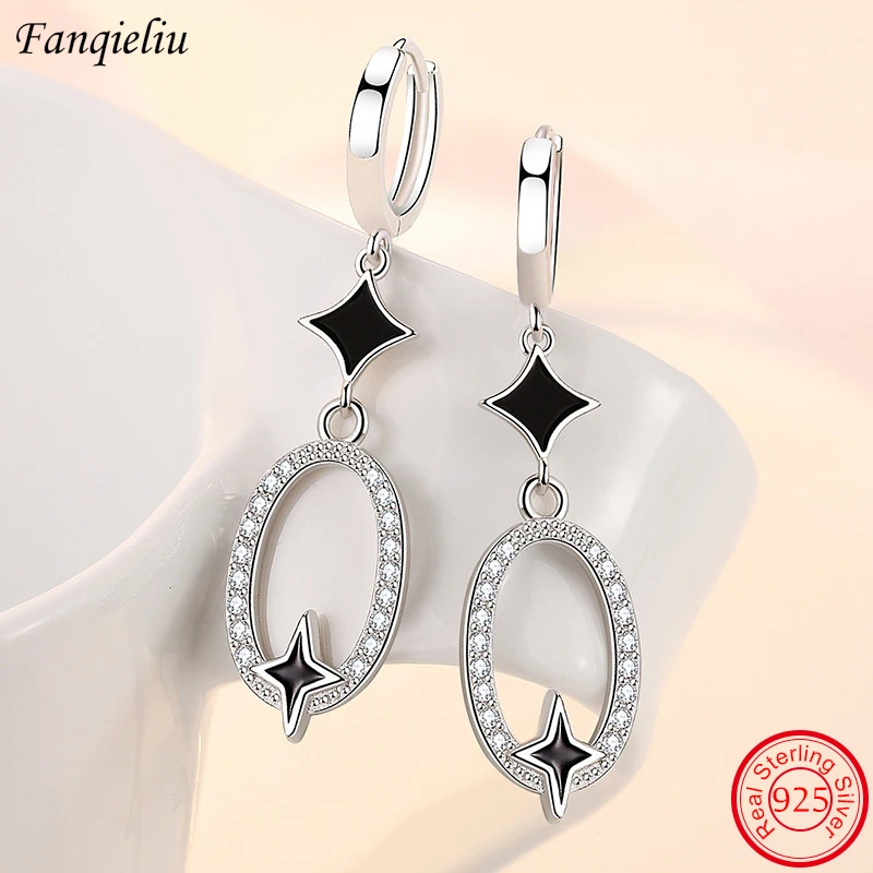 

Fanqieliu Real 925 Sterling Silver Drop Earrings For Woman Crystal Round Black Star Jewelry FQL22051