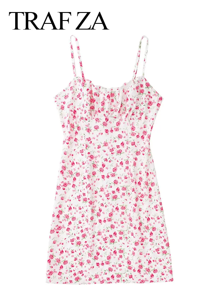 

TRAF ZA Elegant Skin-Friendly Women's Sling Dress Fashion Retro Cute Pink Floral Print High Waist Sleeveless Mini Lady Dress