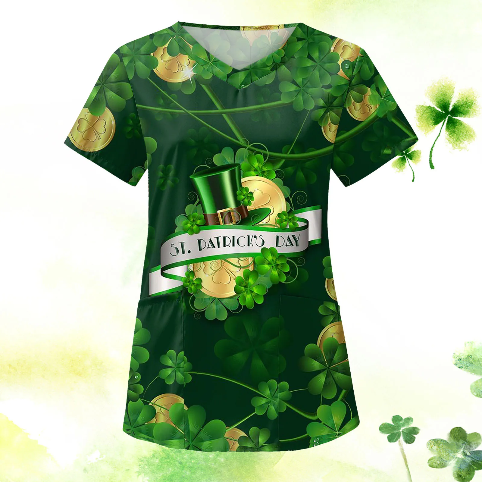 

Nurse Accessories Women St. Patrick Day Printing Medical Surgical Short Sleeve Nursing Working Uniform gorros quirurgicos mujer